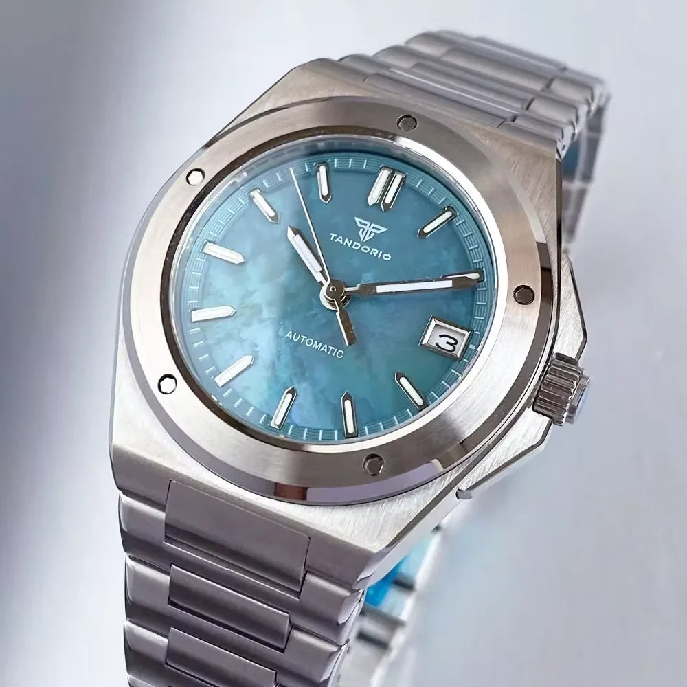 Custom Light Blue Mother of Pearl 40mm Sapphire Crystal Glass 100m Waterproof Japan NH35A Automatic Men Mechanical watch