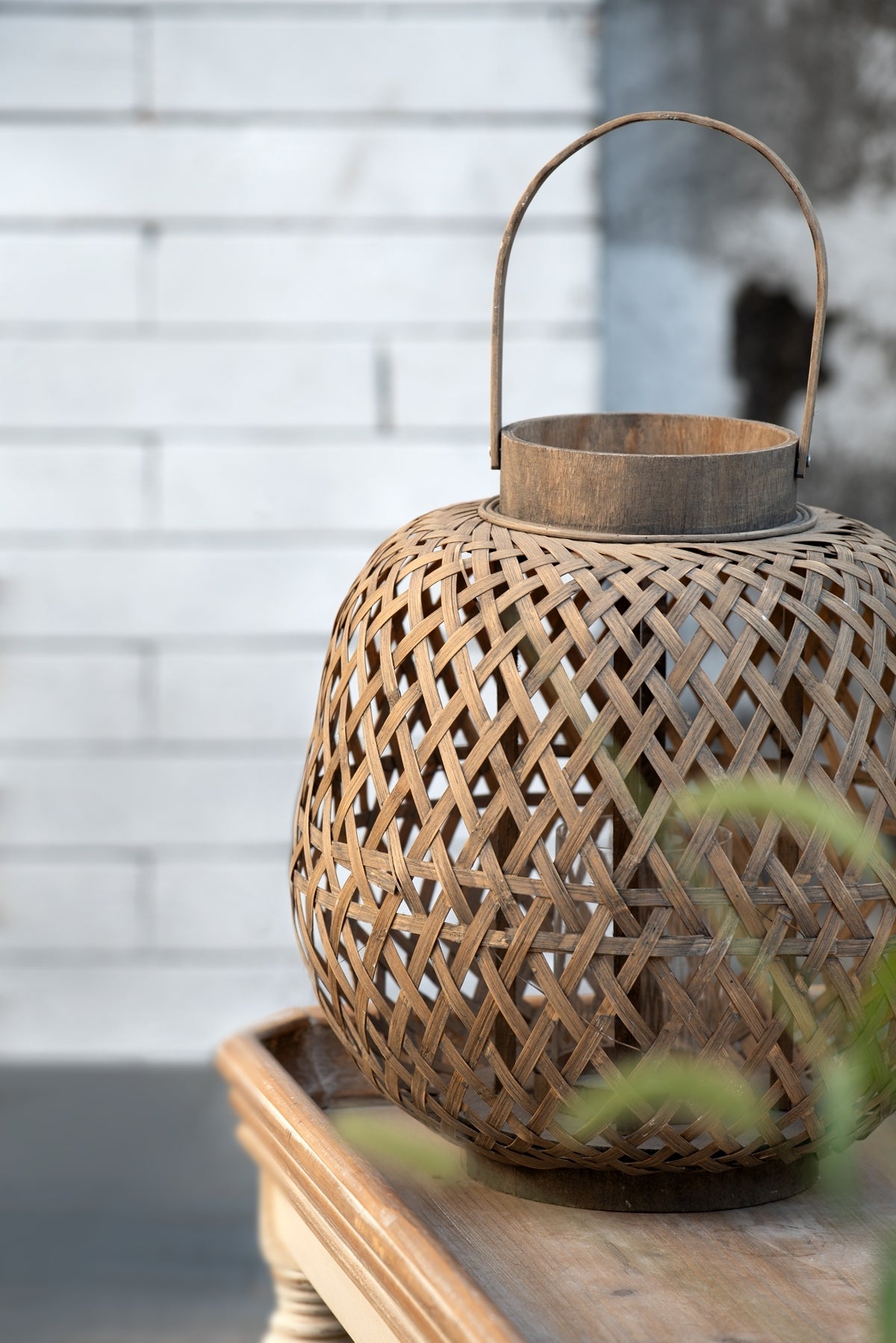 Oval Wood Lattice Candle Lantern with Glass Holder, 13.8 in Tall