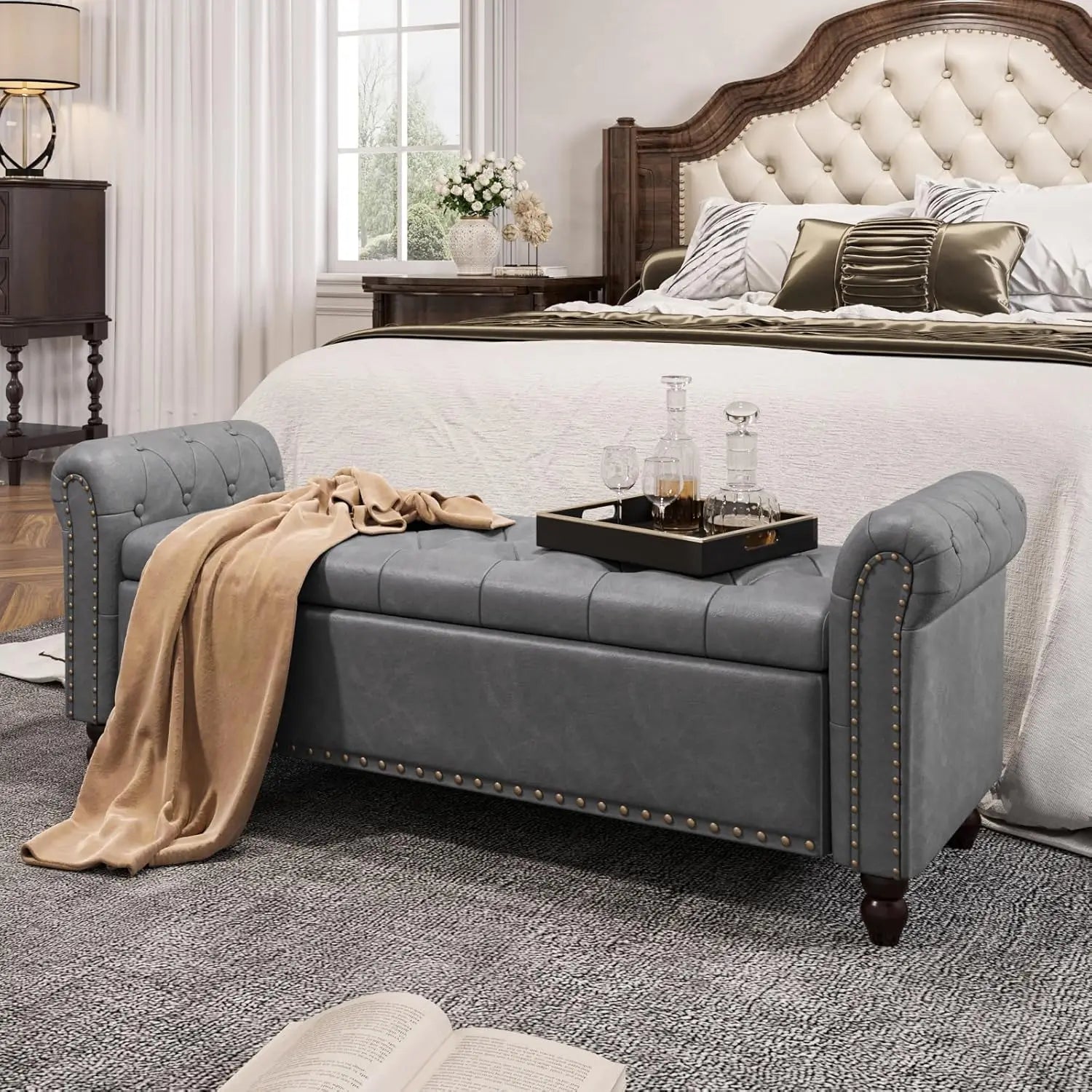 Bedroom Bench, End of Bed Bench with Storage, Bed Benches for Foot of Bed, Faux Leather Window Bench with Rolled