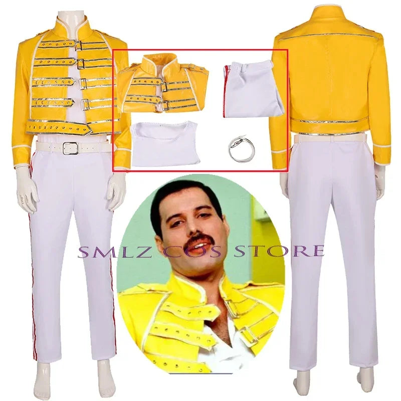 silisili ACos Freddie Mercury Cosplay Aniem Queen Lead Vocals Costume Yellow Coat Uniform Suit Halloween Party Perfo 2025 ☆ New