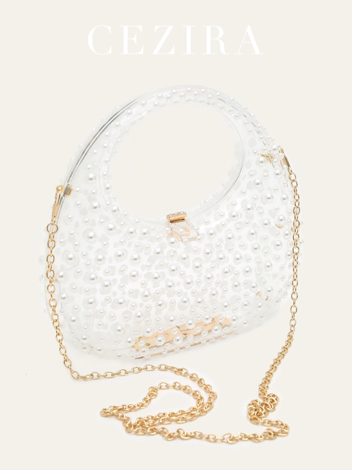 CR Women's Romantic Elegant Clear Acrylic Top-handle Bag Luxury All Over Pearls Long Chain Evening Purse Bride Handbag Wedding