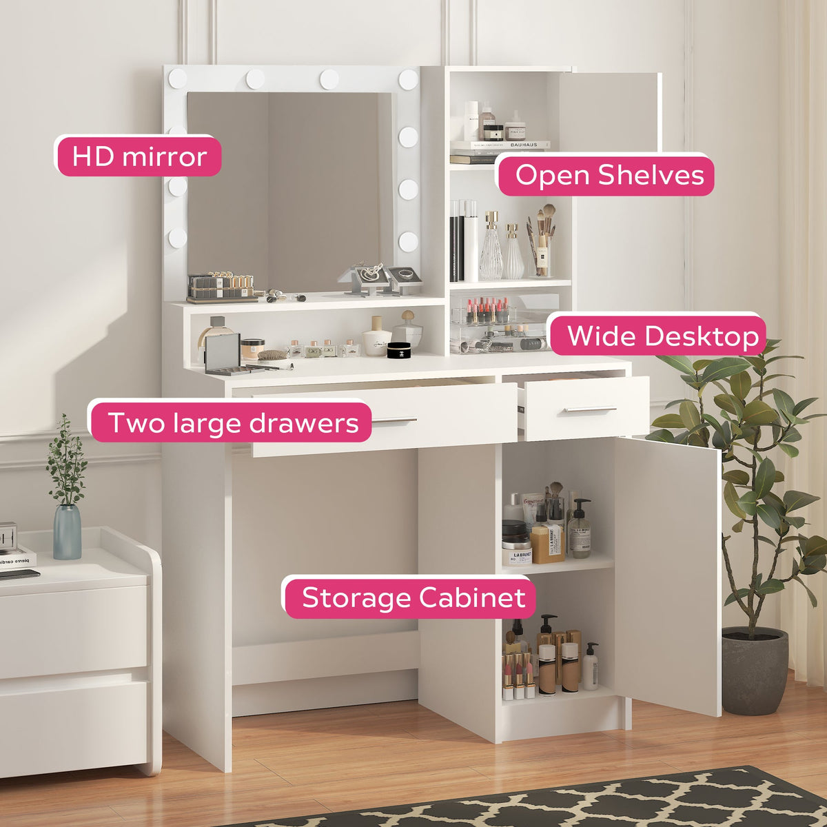 White Vanity Dressing Table with Lighted Mirror, Large Drawer and