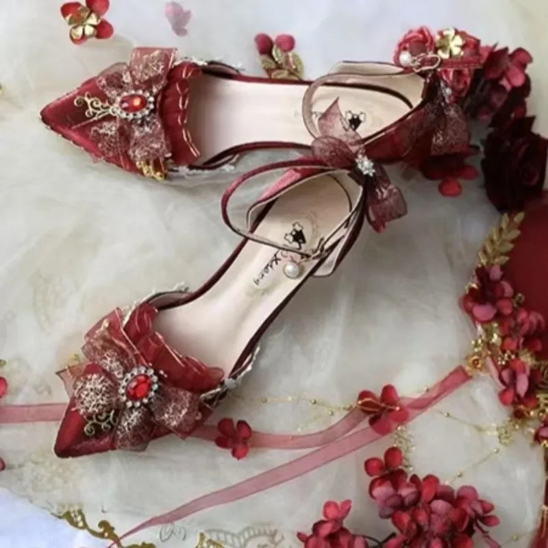 Advanced Red Handmade Romantic and Elegant French Red High Heels Princess Dress High Heels Women's Wedding Shoes