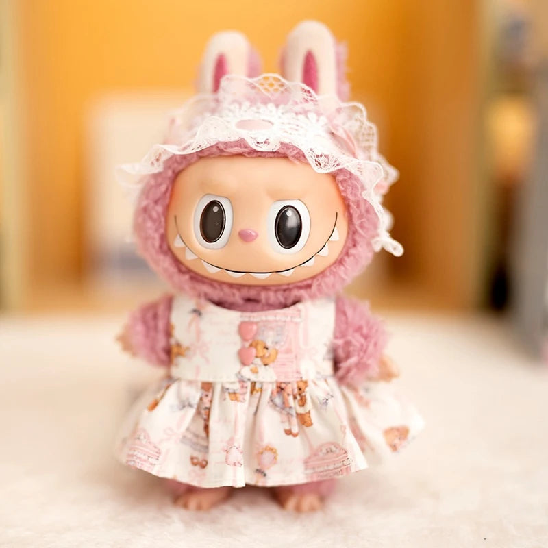 17cm Labubu Doll Clothes Lace Headband Cartoon Bear Print Dress Baby Pendant Clothes Suspender Pants Clothes Replacement Gift