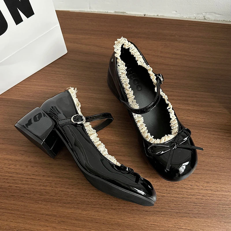 Butterfly-knot Women Mary Jane Shoes Elegant Patent Leather Wedding Party Thick Heel Ladies Footwear