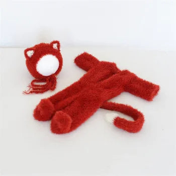 Hand Knitted Wolf Pup Footed Outfit Set Baby Boy Animal Romper Newborn Photography Prop Fuzzy Crochet Teddy Bear Overall Clothes