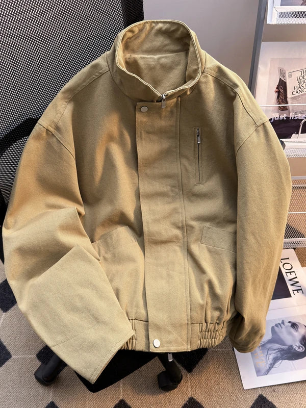 ex Pilot Jaet ort Sle Stand Collar Spring Autumn Trendy Retro Workwear Coat for Couples Youth Loose Fit Zipper Closure