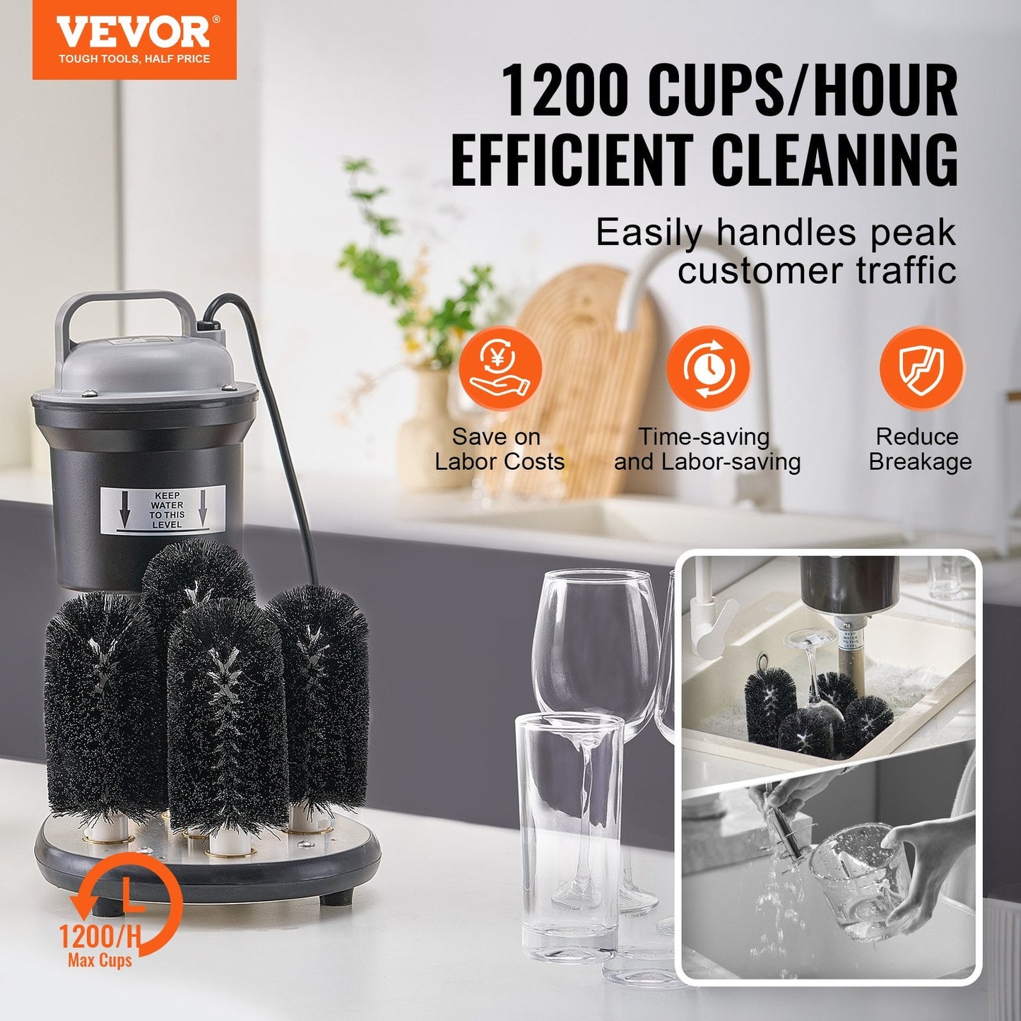Electric Glass Washer 5-Brush Bar Glass Cleaner 1200 Cups/H For Wine