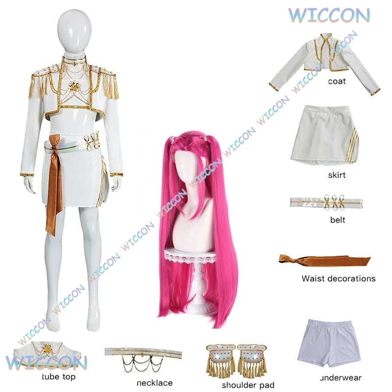 WUHU@Adults kids Suit Huntrix K-Pop Mira Cosplay Demon Hunters White Set Wig Halloween Cosplay Outfit Women Stage Uniforms Costu