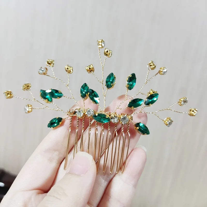 Green Color Rhinestone Hair Combs Bridal Hair Jewelry Leaf Hairpins Pearls Hairpins Bride Wedding Headdress Headband