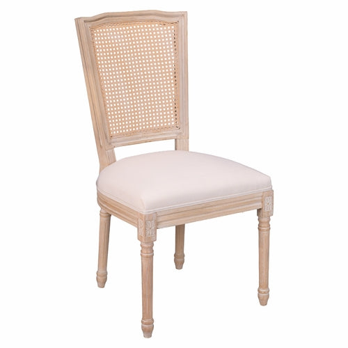 Dining Chairs Set of 2 with Rattan T-Backs and Beige Linen Seats,