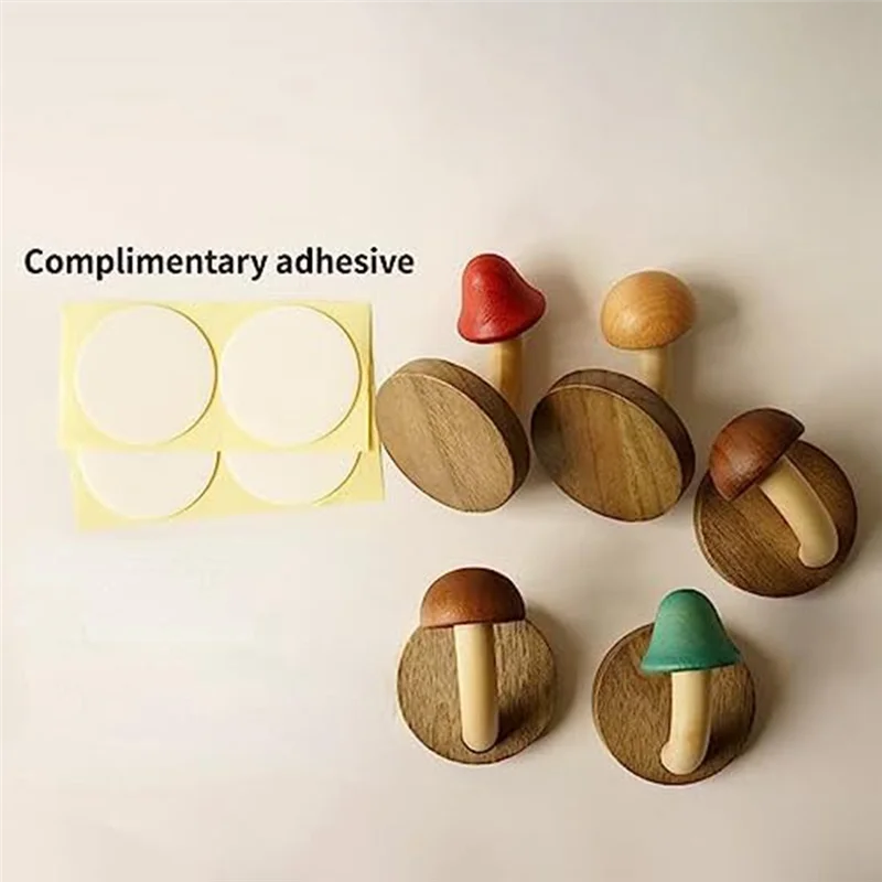 A26F-4PCS Fun Wooden Mushroom Coat Hook Non-Perforated Solid Wood Hook Kitchen Bathroom Cloakroom Door Hook Wooden