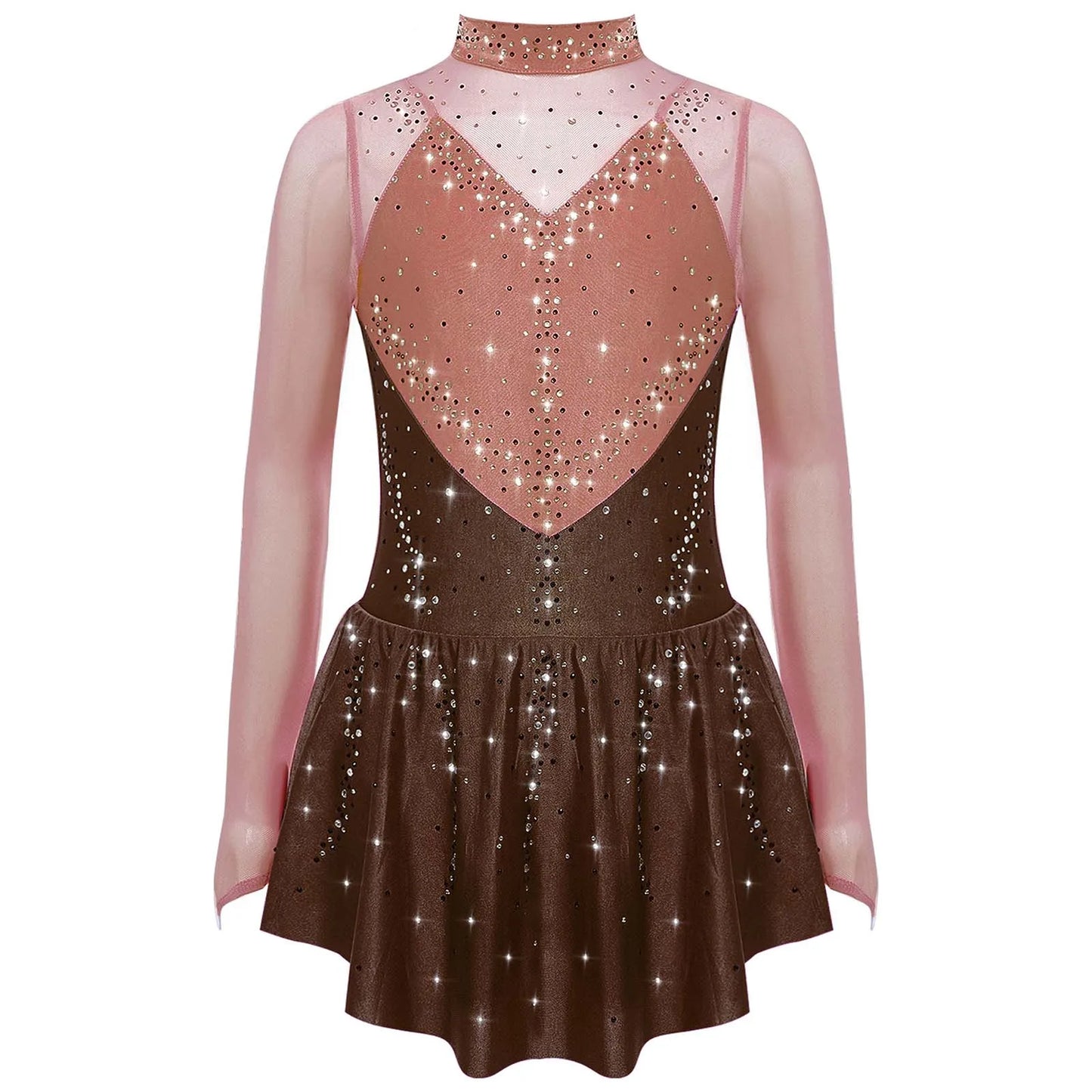 Kids Girls Figure Skating Dance Dress Ballet Lyrical Princess Costume Long Sleeve Color Block Mesh Rhinestones Leotard Dress