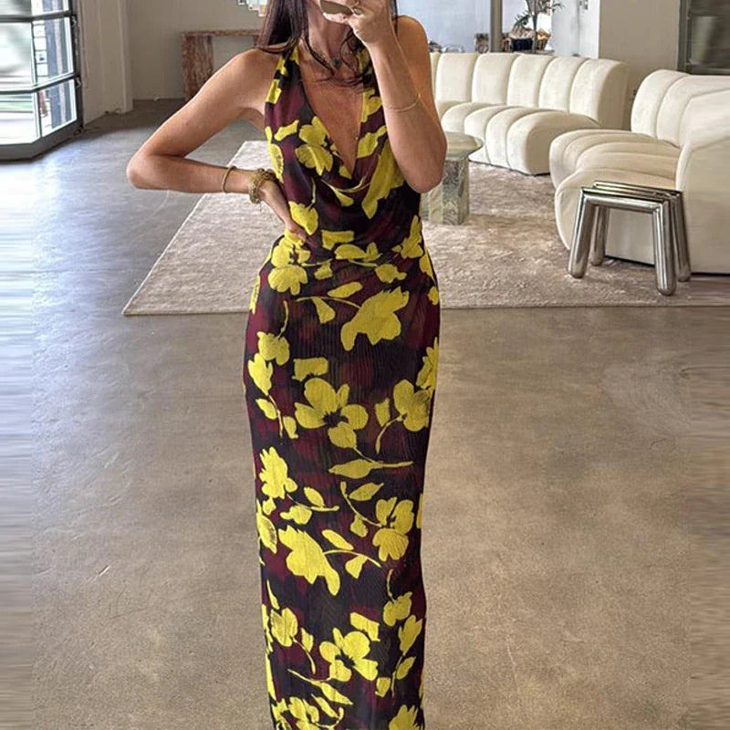 Sexy Sleeveless High Waisted Beach Dress Casual Printed Backless Long Dress 2025 New Women's Neck Hanging Hollow Slim Fit Dress