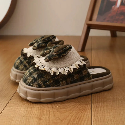 Women Winter Fashion Butterfly-Knot House Slippers Ladies Warm Flat Casual Shoes Female Soft Outdoor Versatile Bow Footwear