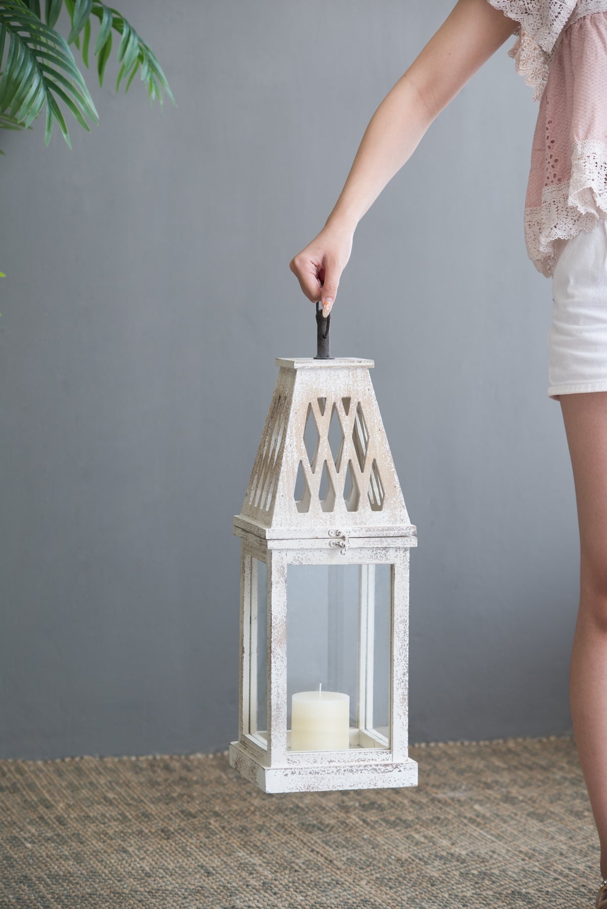Set of 2 Rustic White French Country Wood & Glass Lanterns