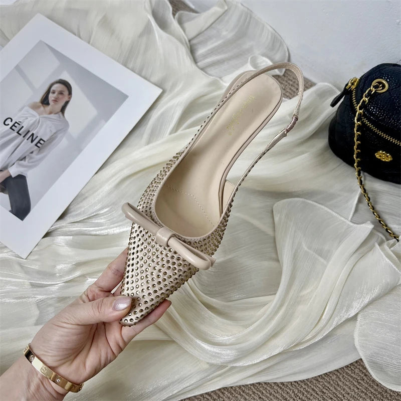 Eilyken Designer Silk CRYSTAL Pumps Women Sexy Pointed Toe Low Thin Heels Wedding Banquet Dress Mule Elegant Ladies Shoes