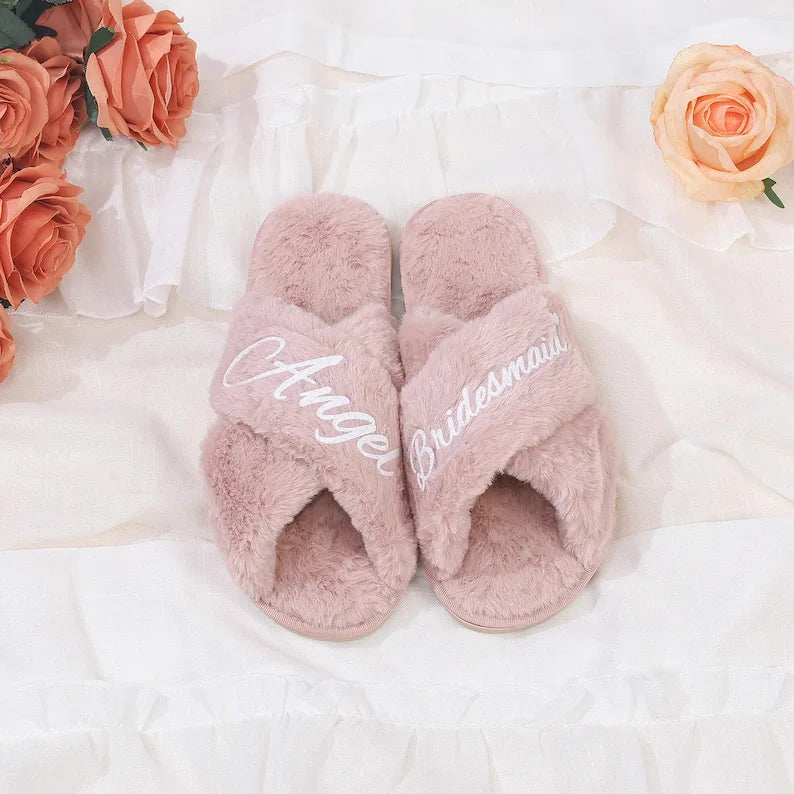 Personalized Bridesmaid Fluffy Slippers, Custom Bride Slippers, Bridal Slippers, Bridal Party Gifts Wedding Gift for Her
