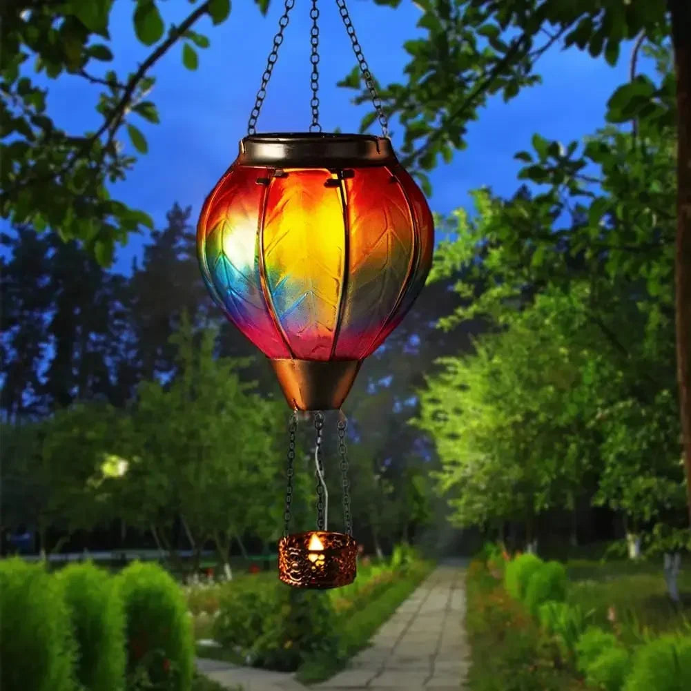 Hot Air Balloon Shape Lantern Flickering Flame Hanging Paper Lamp Outdoor Solar Garden Light IP65 Waterproof Holiday Party Decor