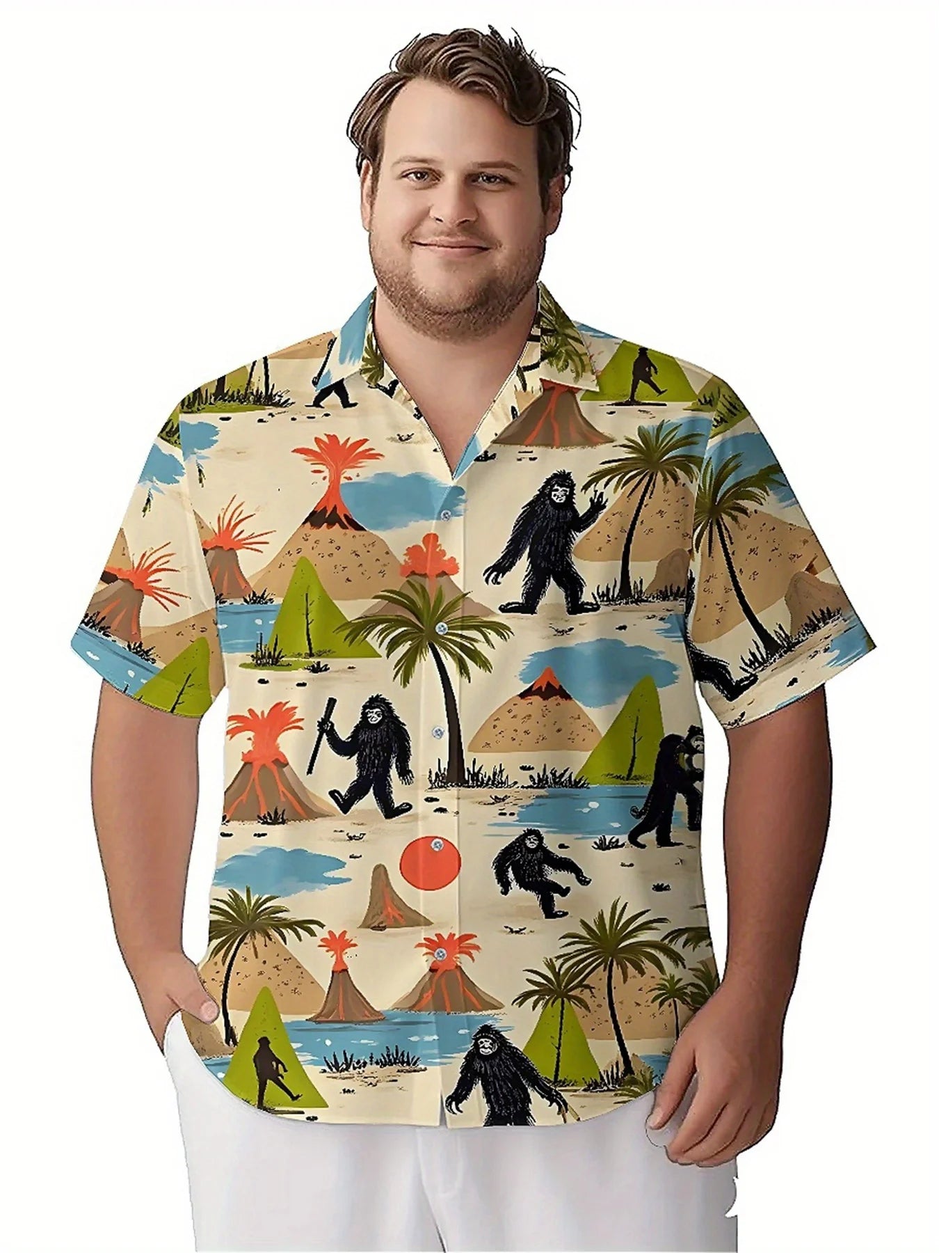 Men's Plus Size Hawaiian Shirts Sasquatch and Natural Wonders pattern, Button Up Shirts, Unisex Casual Clothing, Summer Tops