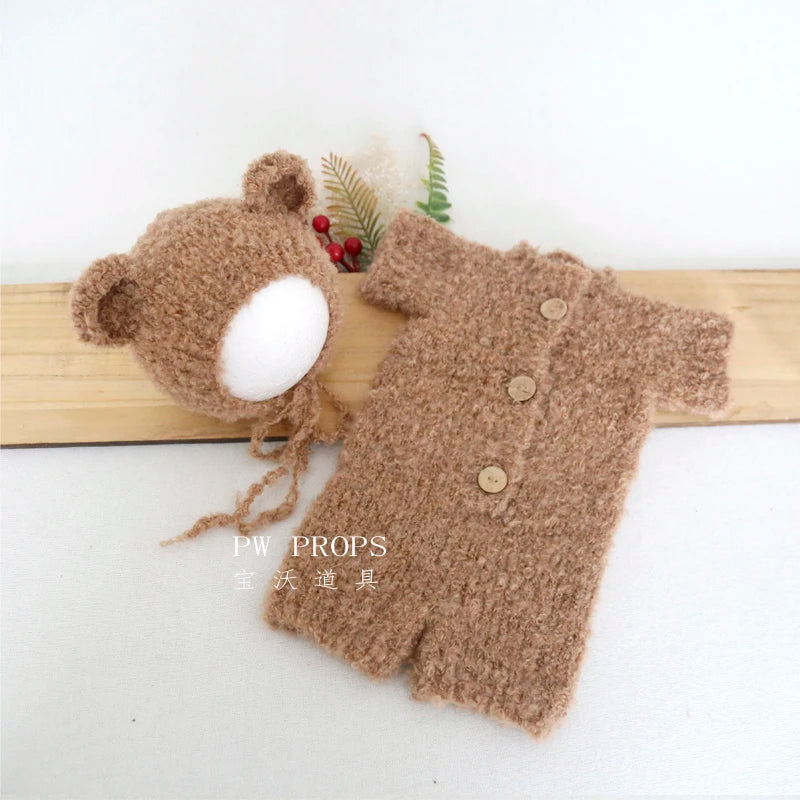 Hand Knitted Wolf Pup Footed Outfit Set Baby Boy Animal Romper Newborn Photography Prop Fuzzy Crochet Teddy Bear Overall Clothes