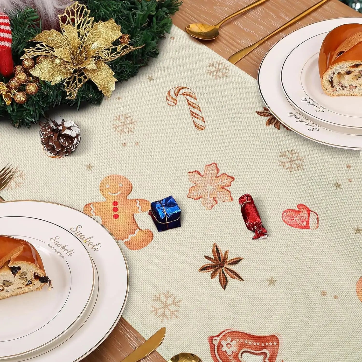 Christmas Gingerbread Xmas Cookie Linen Table Runners Seasonal Winter Holiday Party Dining Table Decor Navidad Decorations 2025