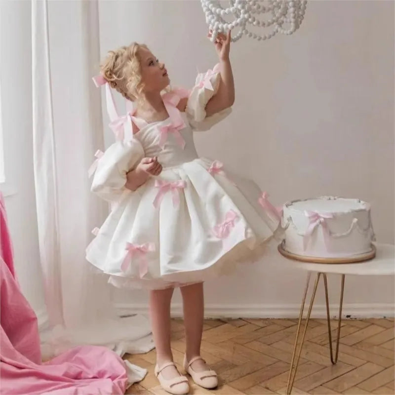 Baby Girl Princess Bow Strap Tutu Dress Infant Toddler Child Vestido Puff Sleeve Christmas Birthday Party Baby Clothes 2-14Y