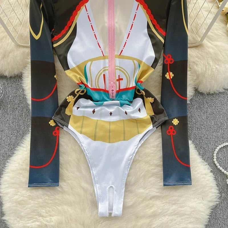 CosplayFermeture éclair mince à manches longues Bodycon érotique imprimé body femmes col montant Corset combishorts Lingerie bar