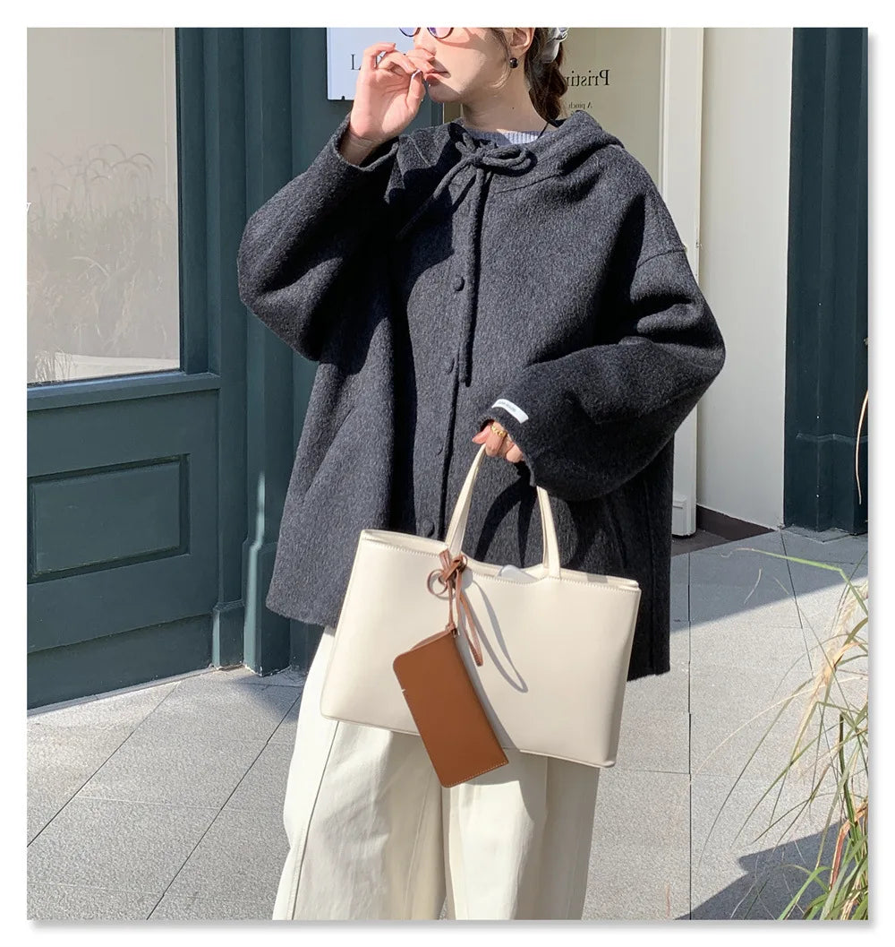 UMI MAO Woolen Coat Women Autumn Jacket New Double-Sided Wool Coat Bowknot Korean College Style Small Size Hooded Wool Coat