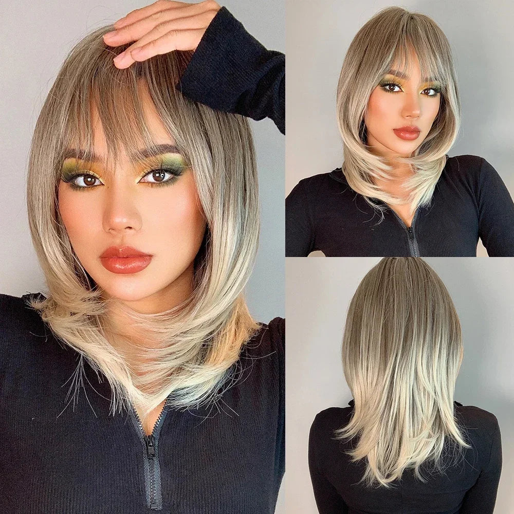 ESIN Synthetic Dark Brown Wig Long Wave Wigs for Women Hair Wig With Bangs Heat Resistant Party Daily Natural Use