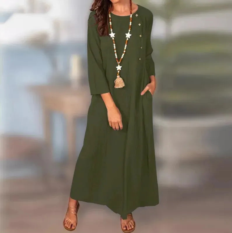 Autumn Fashion Dress Elegant Cotton Linen Women's Solid Color Long Dress Temperament Comfortable Round Neck Long Sleeve Dress