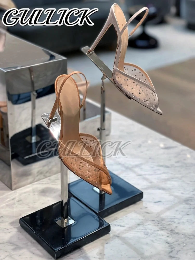 Rhinestones Heeled Sandals Pointed Toe High Heels Air Mesh Slip On Pull On Shoes Women Luxury Designer Slingback Sandalias 2025