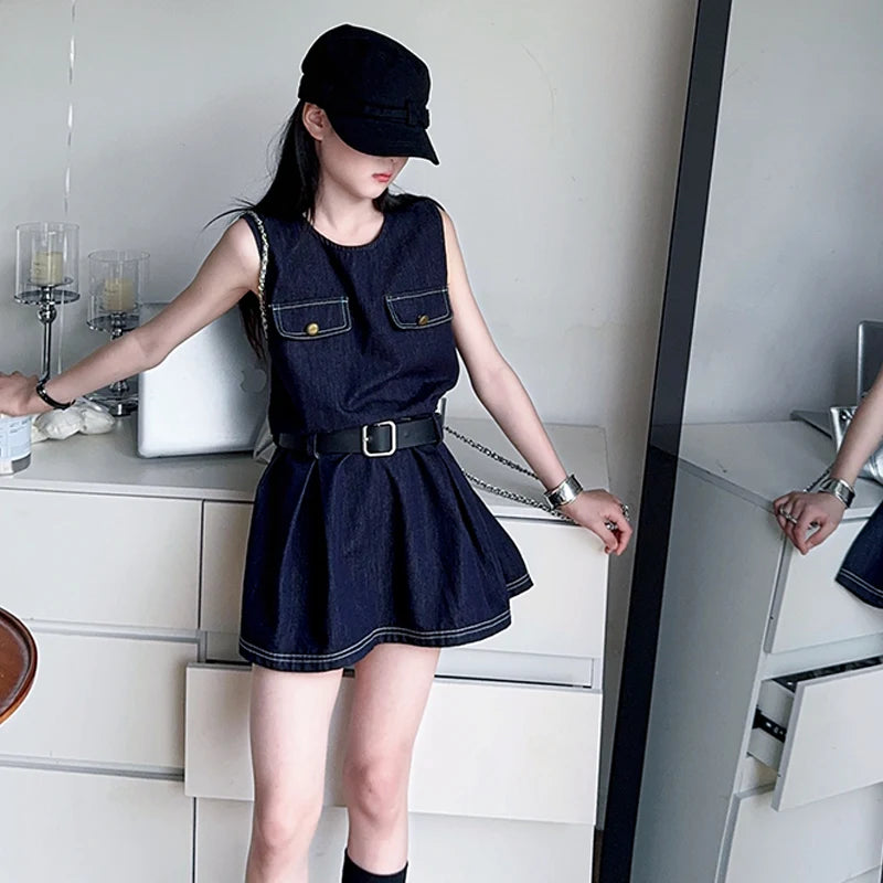 Stylish Kids Fashion Denim Bodysuit Dress for Girls Vintage Dark Blue Jeans Skirt With Belt Child Trendy Streetwear Outfit 5-14Y