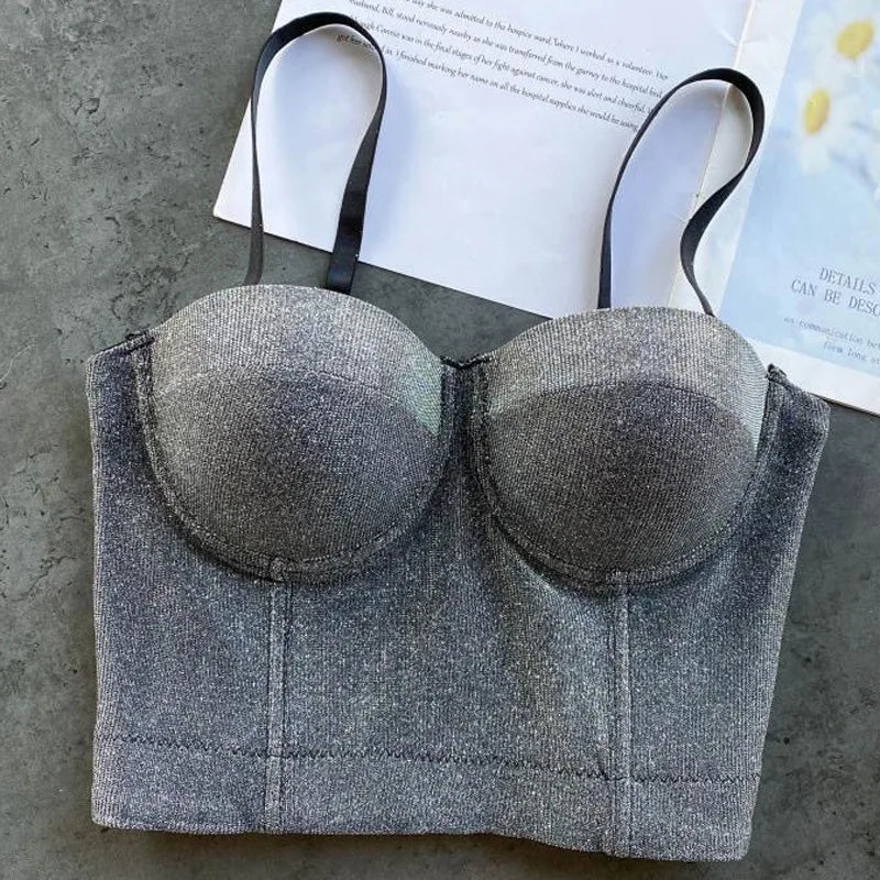 Women's Shiny Sexy Bra Corset Girls Push Up Cropped Tops Lady Halter Bling Bustier Tube Night Club Cool Camis Tanks Lingeries