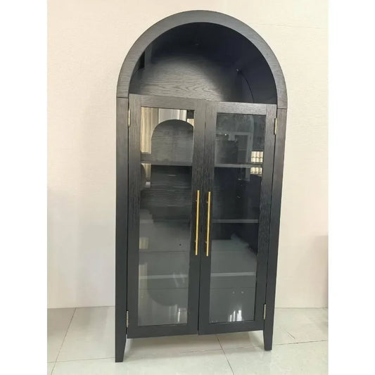 Tall Arched Kitchen Pantry - 5-Tier Blue Storage Cabinet with Adjustable Shelf and 2 Glass Doors, Versatile Organizer Cupboard