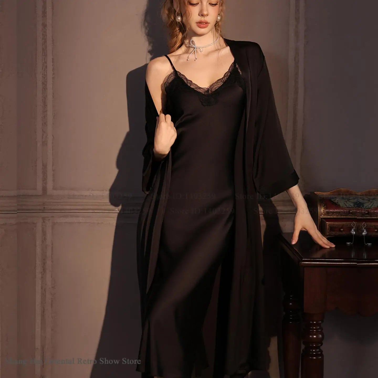 Elegant Female Twinset Robe Set Long Kimono Bathrobe Gown Sexy Lace Nightgown Lingerie Spring Autumn New Sleepwear Home Dress