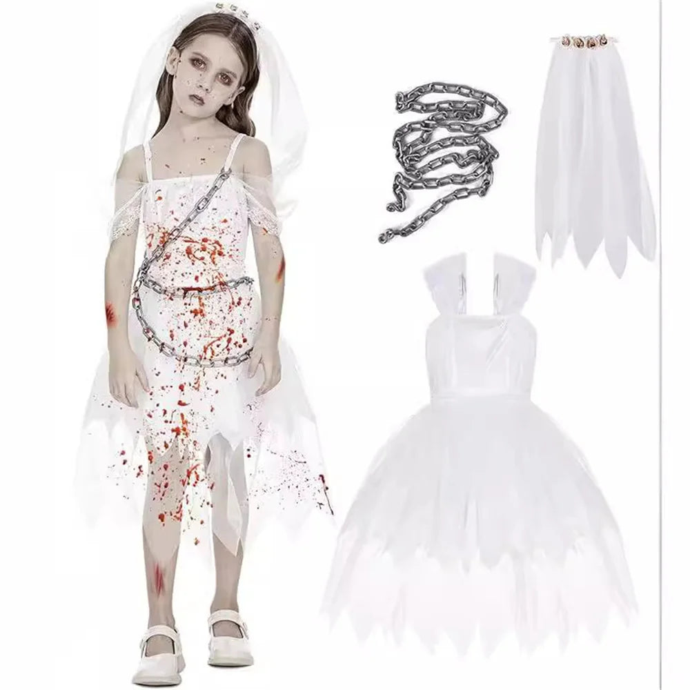 2025 Girls Halloween Party Ghost Bride Witch Ghost Dress Carnival Queen Performance Costume, Includes Headpiece and Skirt
