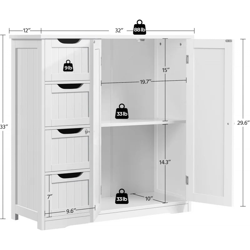 Wooden Bathroom Floor Cabinet, Side Storage Organizer Cabinet with 4 Drawers & Double Doors, Freestanding Entryway Sto