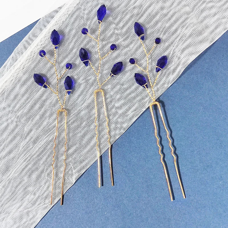 3PCS Women Blue Color Flower Hairpin Stick Wedding Bridal Crystal Pearl Hairpin U Shaped Hair Clip Barrettes Hair Accessories