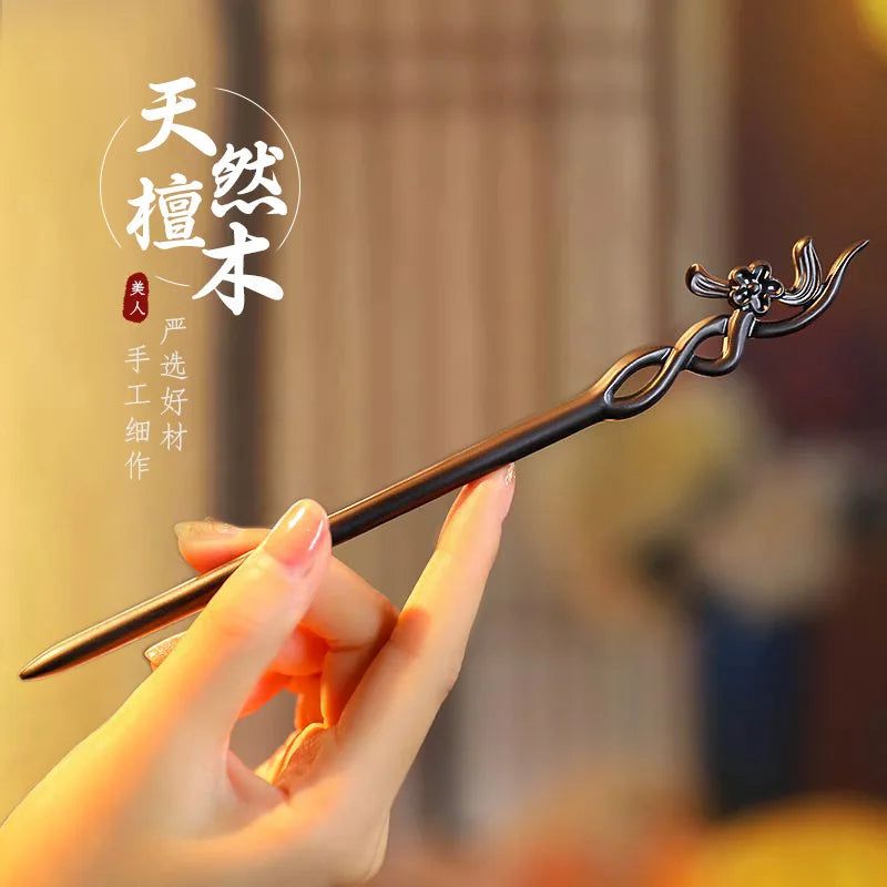 Chinese Style Hair Stick Minimalist Sandalwood Sculpture Flower Hairpin Forks Vintage Hanfu Cheongsam Decor Hair Bun Jewelry