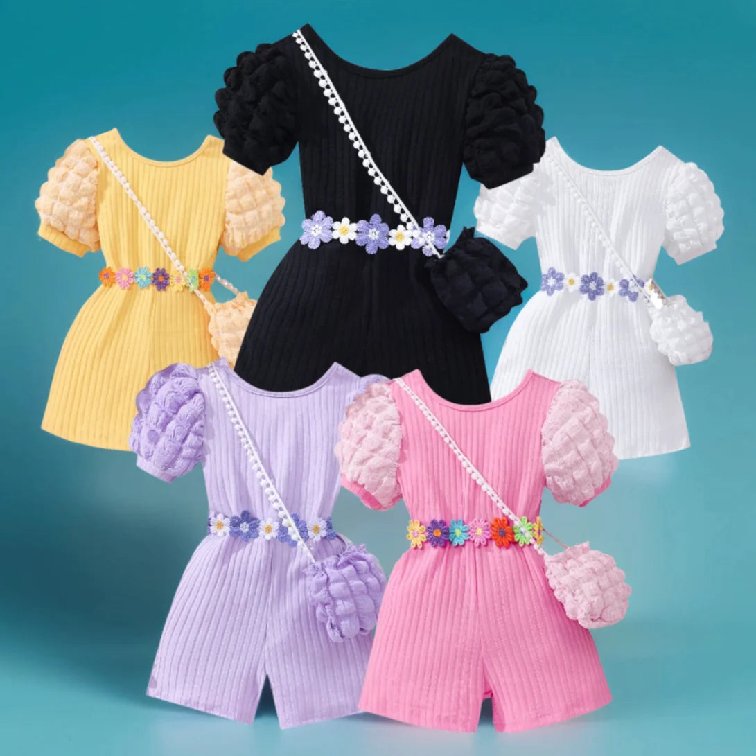 【Free Bag】 KIds Girl Jumpsuit Baby Girl Set Summer Short Sleeve Shorts Leisure Beach Children Clothes Floral Belt Outfit 2-7 Yrs