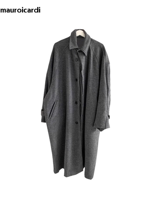 Mauroicardi Autumn Winter Long Warm Grey Black Slouchy Woolen Coat Men Single Breasted Loose Casual Wool Blends Overcoat 2023