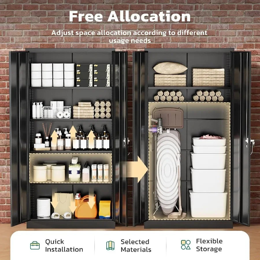 Office, home, garage, school storage cabinet; metal; black; 72 H x 36 W x 18 D with 2 doors and 4 adjustable shelves