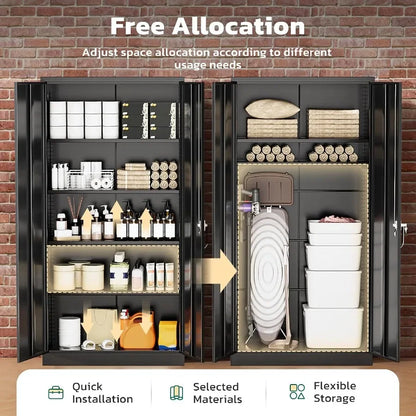 Office, home, garage, school storage cabinet; metal; black; 72 H x 36 W x 18 D with 2 doors and 4 adjustable shelves