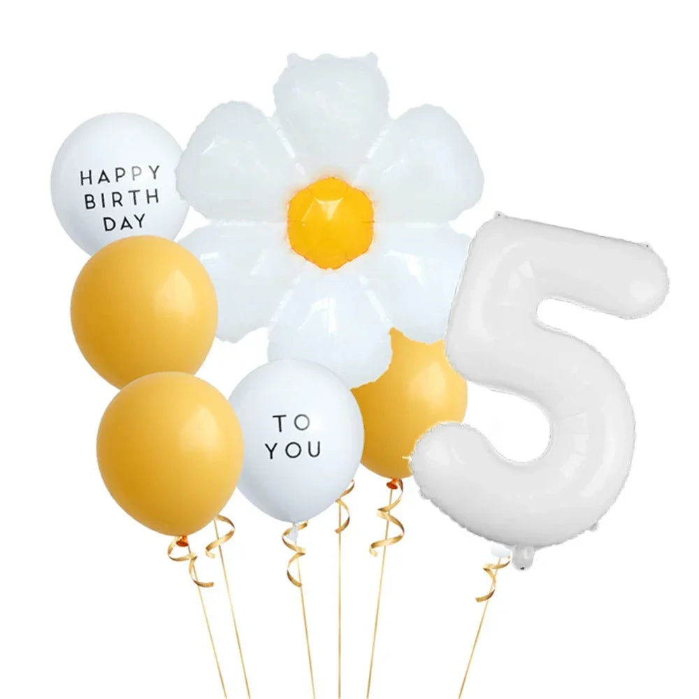 8pcs White Daisy Balloon Set With 32inch 1-9 White Number Ballon For  Daisy Themed Birthday Party Decor Kids Toys Helium Globos