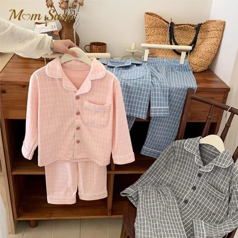 Baby Girl Boy Plaid Pajamas Set Toddler Teens Child Sleepwear Solid Kids Home Suit Spring Autumn Winter Baby Clothes 3-14Y