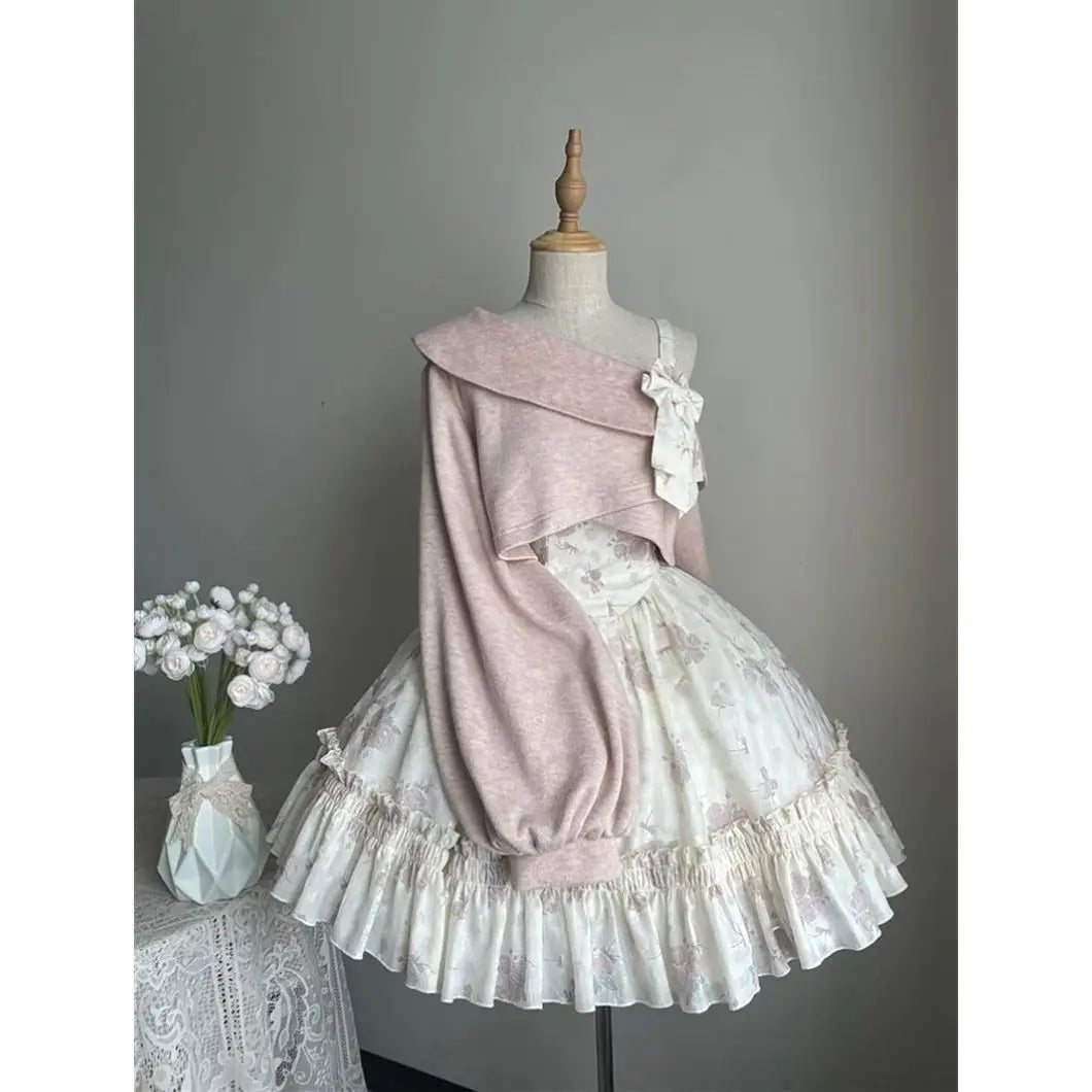 Sweet Lolita Style 2 Piece Dress Set Women Bow Short Coat Kawaii Floral Mini Dress Female Korean Fashion Beach Party Suit