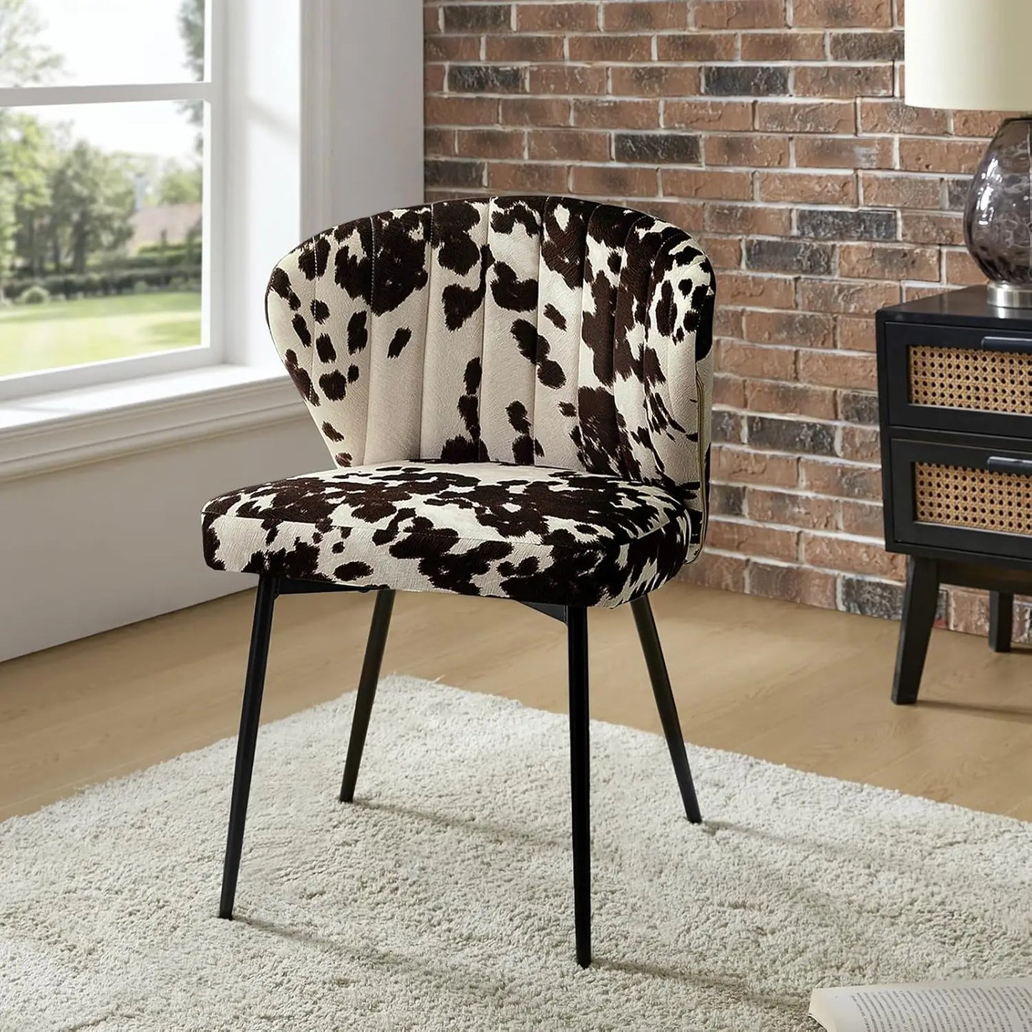 Modern Dining Chairs, Small Cute Armless Accent Chair, Upholstered Side Chair with Black Metal Legs, Tufted Back Vanity Chair fo