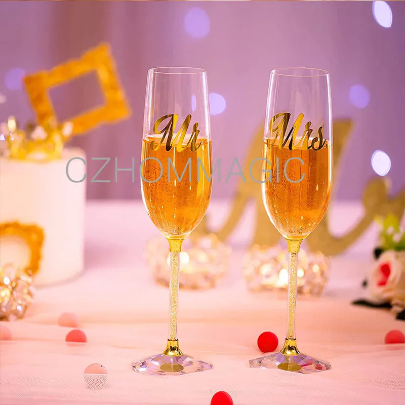2pc 200ml Wedding Crystal Champagne Flutes Glasses Engraved Mr & Mrs Set for Bride and Groom Toasting Champagne Flutes Cup Gifts