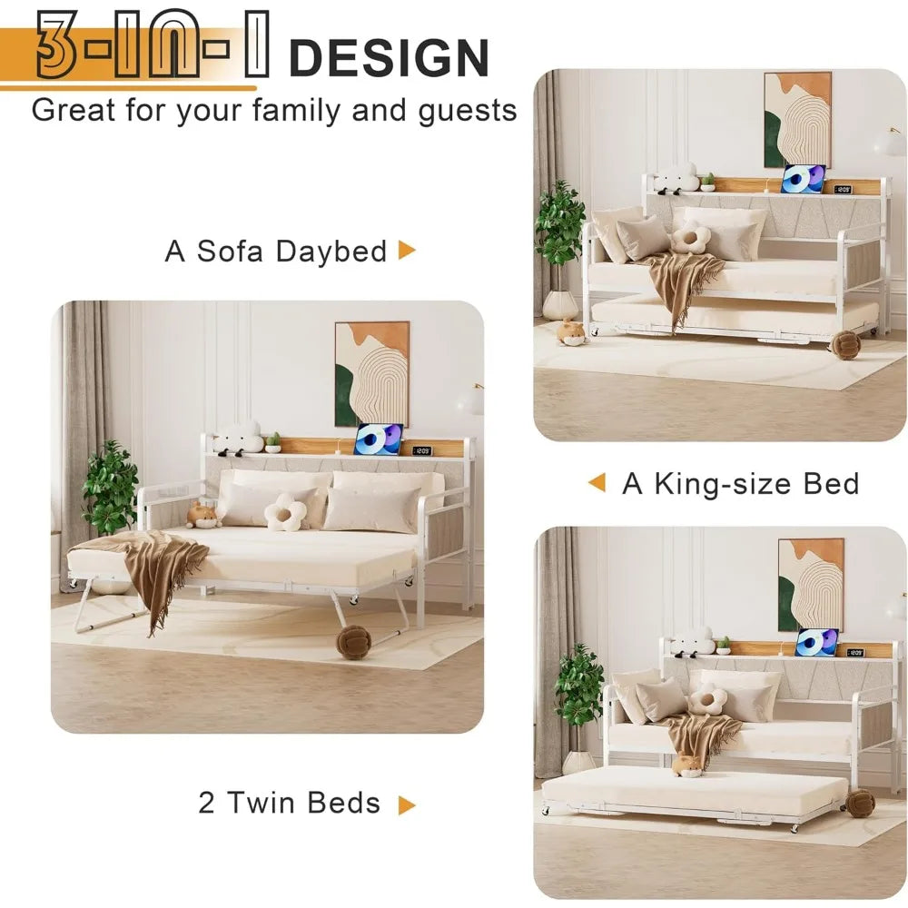 Twin Daybed with Trundle, Modern Twin Size Sofa Day Bed, Sturdy Metal Bed Frame with Upholstered Headboard for Living Room, Bedr